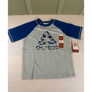Reebok Boys Rash Guard Swim Shirt Grey Blue Camo Logo UPF 50+ Size 8 M NWT